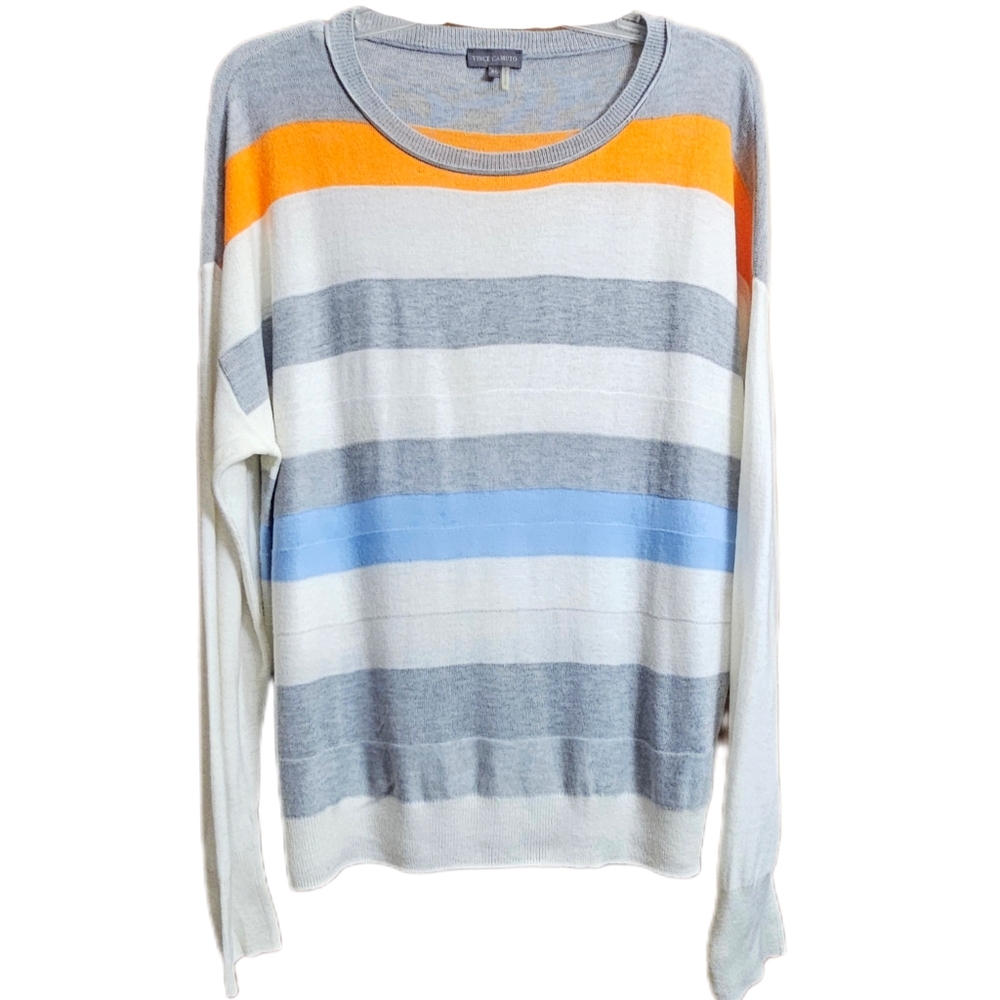 vince camuto knit striped sweater long sleeve top shirt womens xl cream Grey